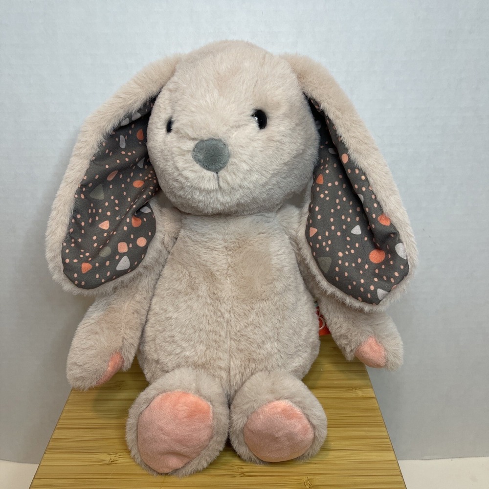 B Softies 12" Plush Butterscotch Bunny Happy Hues Dusty Pink Gray Print Ears
